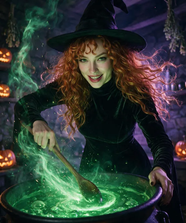 Candy Halloween artwork: a witch stirring a glowing green cauldron